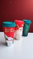 Yılbaşı Temalı Kapaklı Plastik  Bardak 520 ml